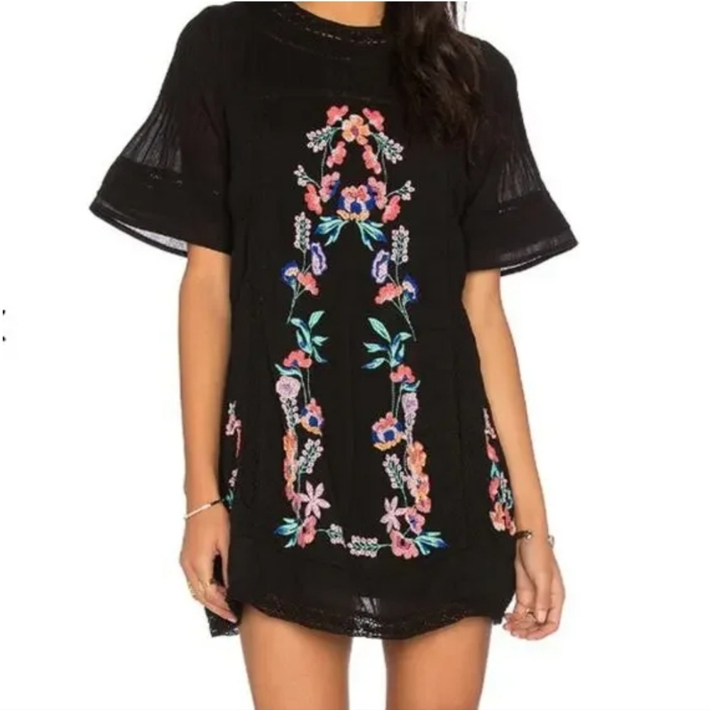 Free People Perfectly Victorian Black Embroidered Crochet Mini Boho Dress Sz XS